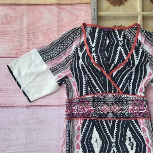 Etro Black/White Diamond Geometric Embroidered Silk Kimono Sleeve Mini Dress XS - Picture 2 of 7